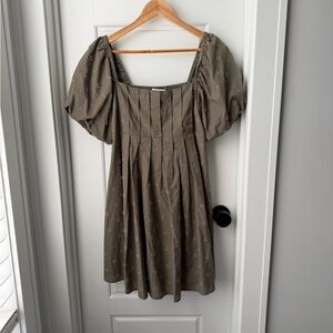 Textured Olive Sage Green Puff Sleeve Mini Dress
